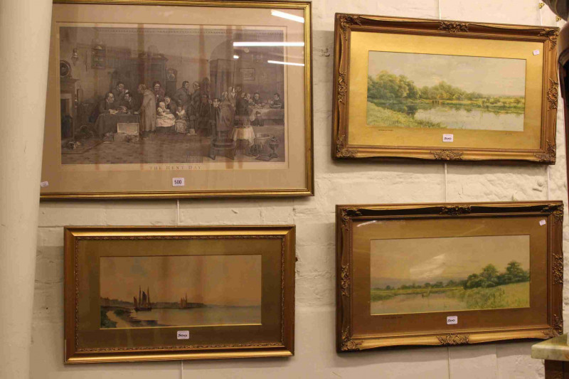After Wilkie, The Rent Day, engraving; Rother, Boats by the Coast, watercolour and pair Landscape prints (4)