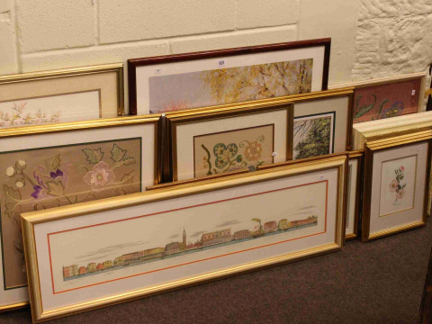 Collection of fifteen furnishing prints, framed needleworks, etc