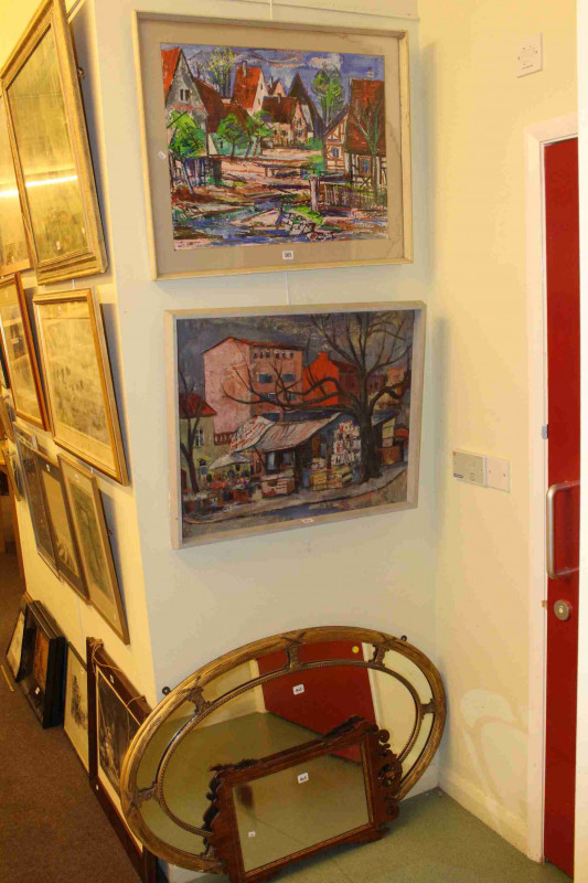 20th Century School, two Continental Street Scenes, oil and gouache, Regency oval and Georgian fretwork mirror (4)