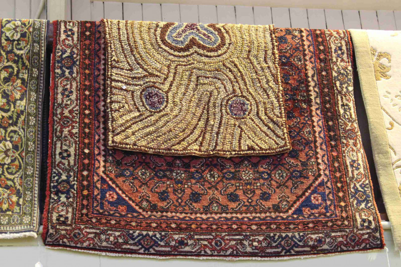 Persian design wool rug 1.90 by 1.24 and antique Hookey rug 1.17 by 0.72 (2)