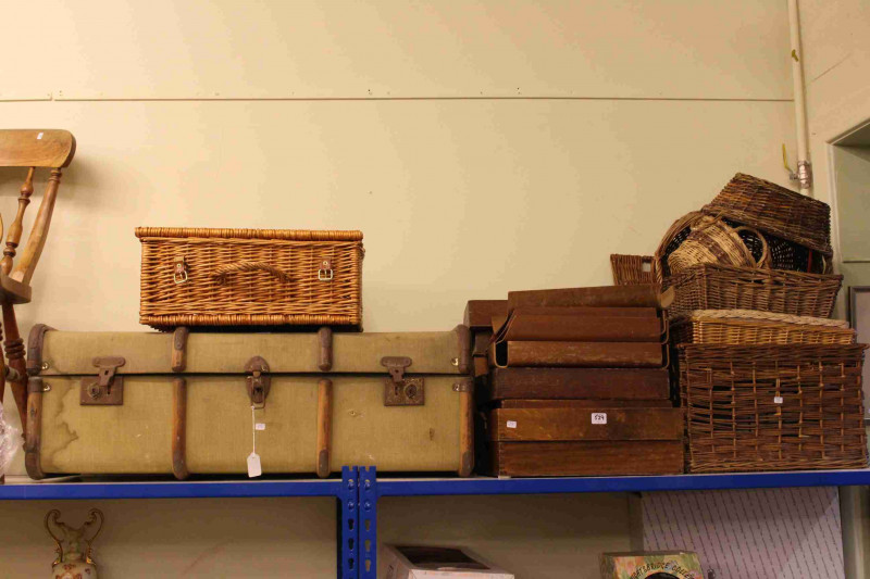 Vintage canvas bound trunk, collection of correspondence trays and collection of baskets