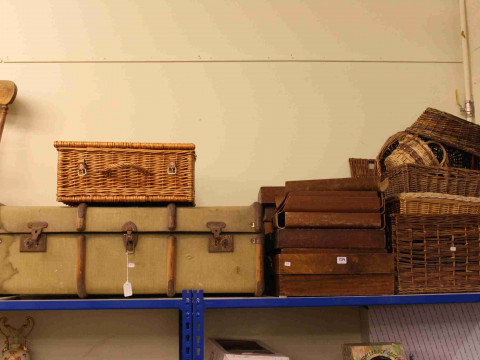 Vintage canvas bound trunk, collection of correspondence trays and collection...