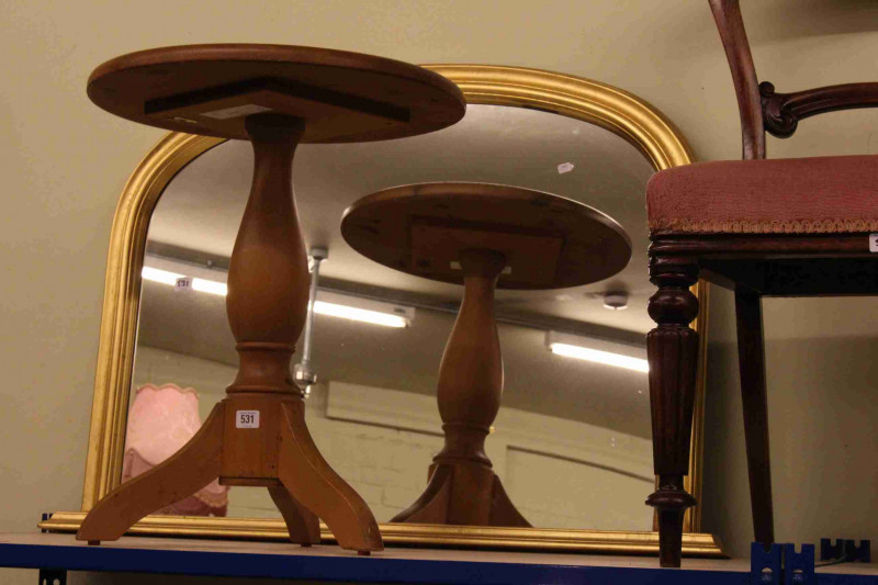 Victorian style gilt framed overmantel mirror, pine tripod occasional table and Belgian wool rug (3)