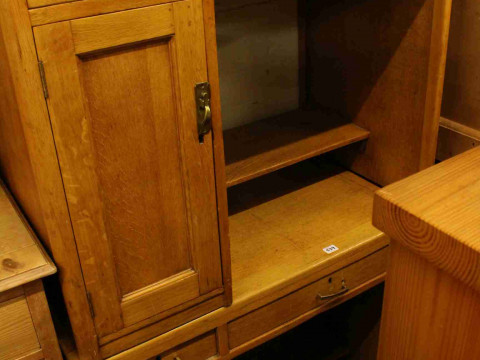 Three single pedestal desks and two drawer filing chest (4)