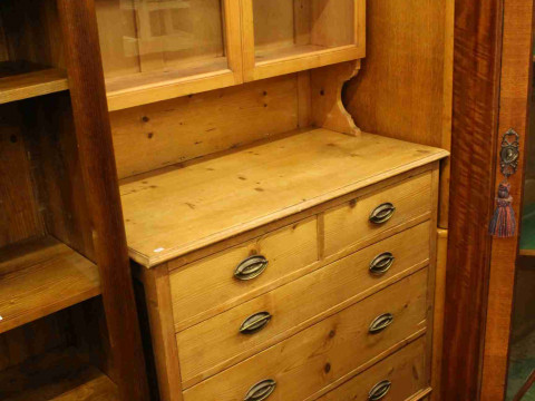 Pine cabinet having two glazed doors above five drawers and oak dresser...