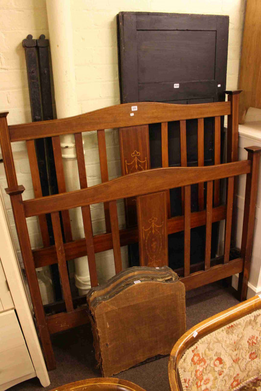 Edwardian inlaid mahogany double bedstead, carved oak two fold screen and small four fold tapestry screen (3)