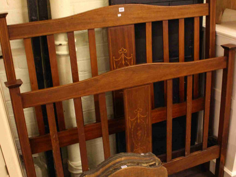 Edwardian inlaid mahogany double bedstead, carved oak two fold screen...