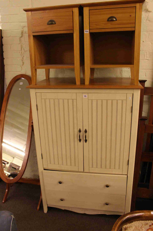Two door television cabinet, pair bedside pedestals and cheval mirror (4)