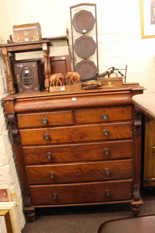 Victorian mahogany seven drawer chest, mahogany two door wall cupboard, occasional table, smokers cabinet, dome topped stationery box, trinket box, elephant bookends, book slide, barometer, brass bell and folding cakestand (12)