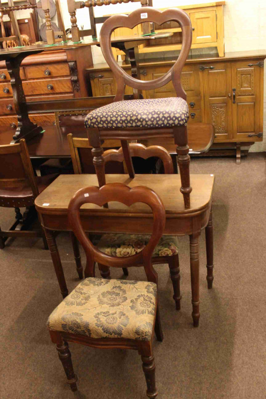 19th Century mahogany fold top tea table and set of three Victorian mahogany balloon back dining chairs (4)