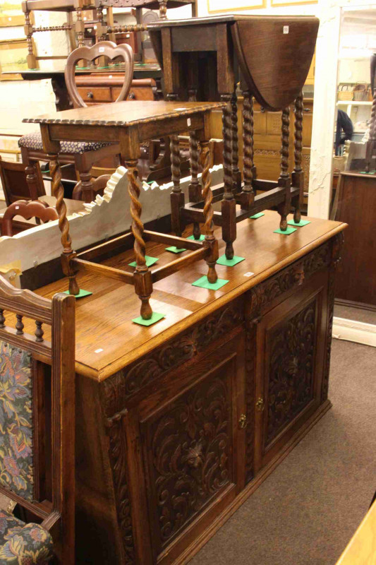 Victorian carved oak two door sideboard, small oak barley twist drop leaf table and oak barley twist occasional table (3)