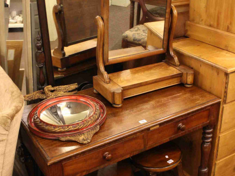 Victorian mahogany two drawer side table, pair stools, oak framed cheval...