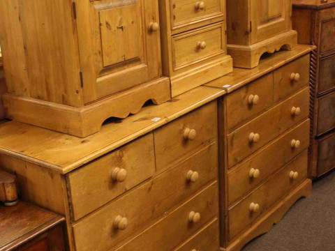 Pair waxed pine five drawer chests, pair pine pedestals and pine three...
