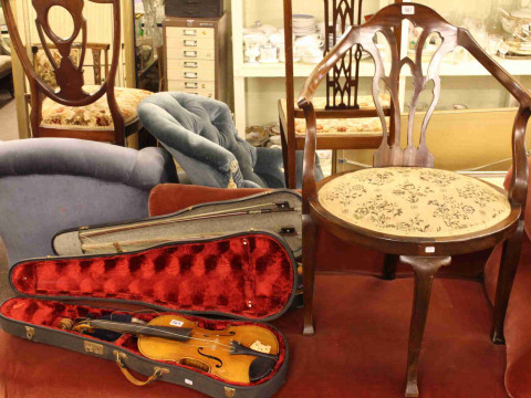 Edwardian mahogany occasional armchair and two cased violins (3)