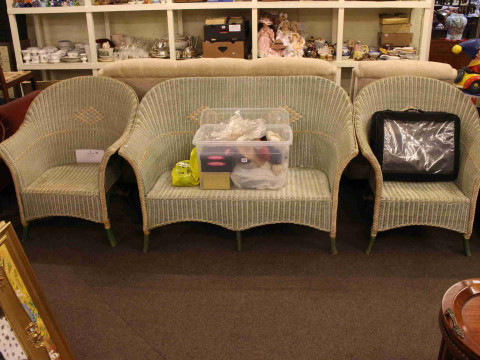 Three piece wicker conservatory suite and painted single drawer side table...