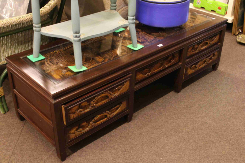 Burmese rectangular five drawer low centre table