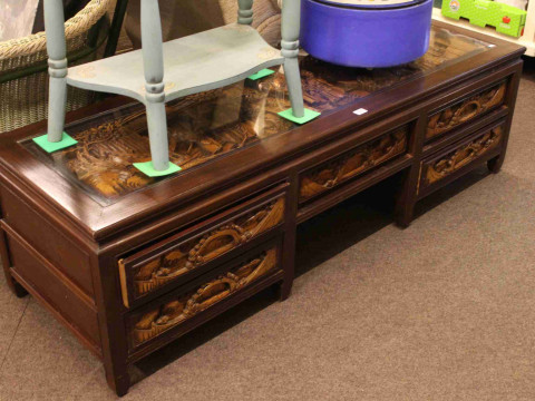 Burmese rectangular five drawer low centre table