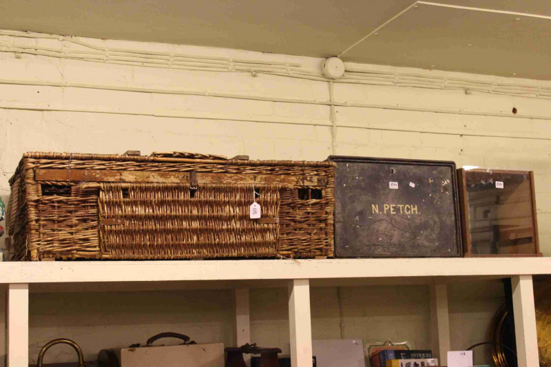 Pigeon carrier, deed box and pair small glass cabinets (4)
