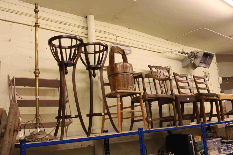 Five various Victorian and later occasional chairs, coopered wood and metal bound pail, pair mahogany plant stands, brass telescopic standard lamp and three height wall shelf (10)