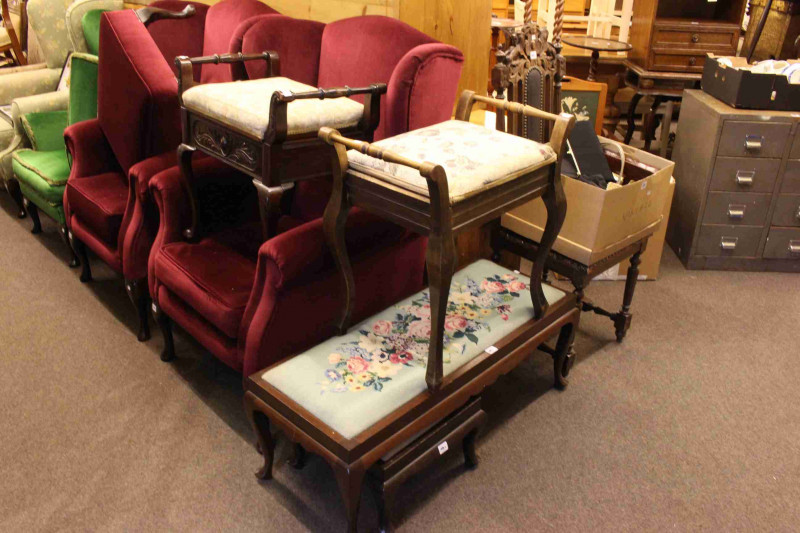 Two cabriole leg piano stools, two cabriole leg footstools including double and Victorian carved oak side chair (5)