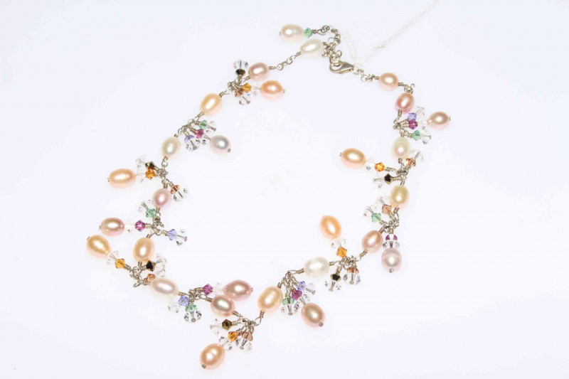 Silver set of freshwater pearl and Swarovski crystal necklace, earrings and bracelet