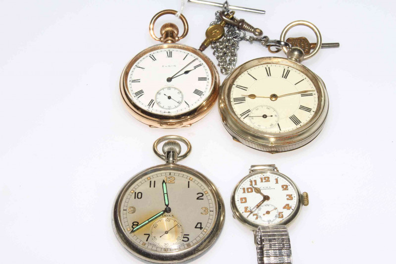 Doxa pocket watch, Elgin gold plated pocket watch, silver-plated pocket watch and Cyma wristwatch (4)
