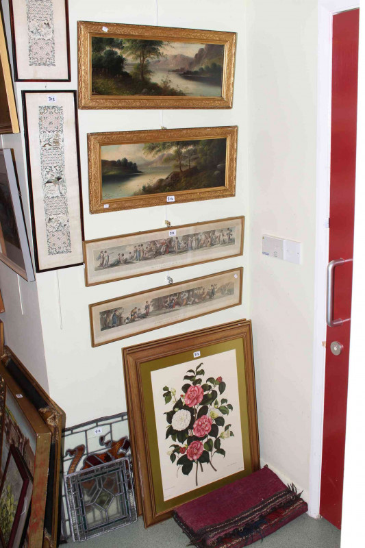1930's chinoiserie lacquer mirror, pair of oil paintings, pair of engravings after Hamilton, stained glass panels, etc