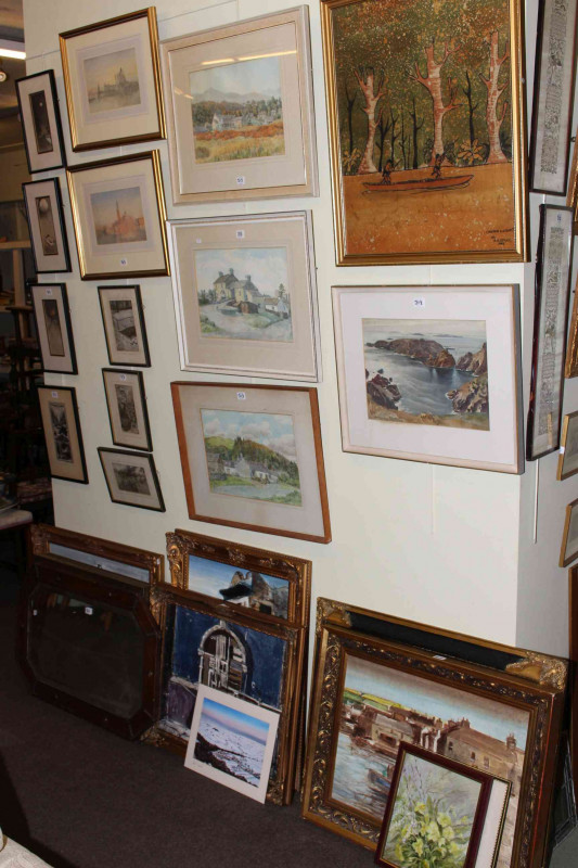 Collection of pictures including two Chinese rice paper paintings, three Japanese woodblocks, etc