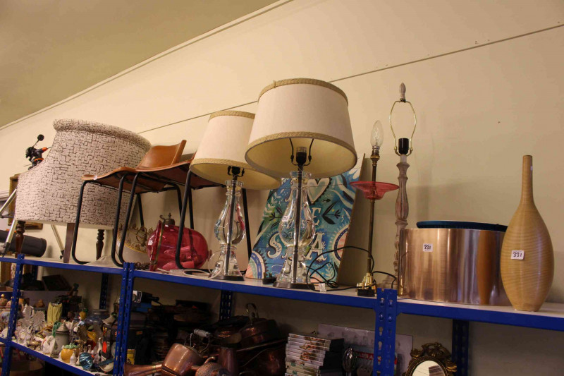 Turned leg occasional armchair, pair stitched tan chairs, pair contemporary bottle vases, painted panel, lamps and light fittings