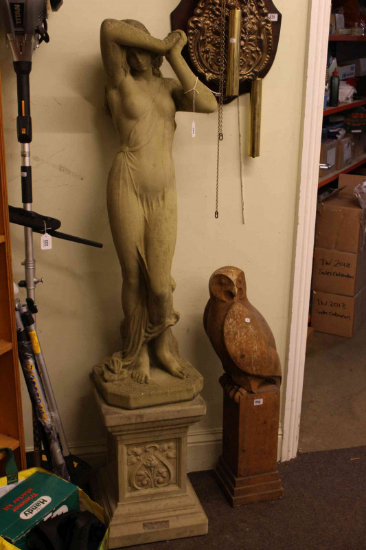 Classical maiden garden figure on plinth base, 165cm tall and owl garden figure, 88cm tall (2)