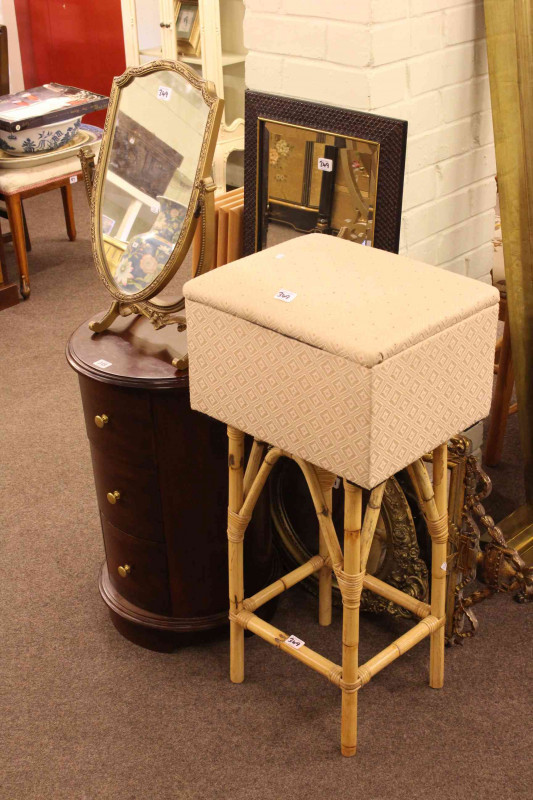 Circular hardwood chest of three drawers, box stool, cane plant stand, three wall mirrors and gilt toilet mirror (7)
