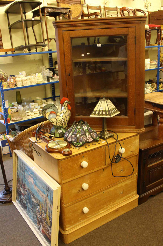 Pine four drawer chest and oak glazed door corner wall cabinet