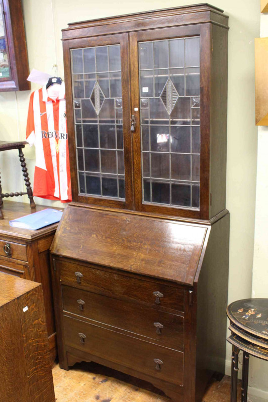 1920's/30's oak leaded glass bureau bookcase