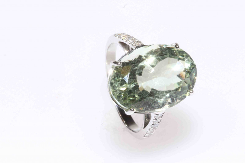 18 carat gold, green amethyst and diamond ring, size O
