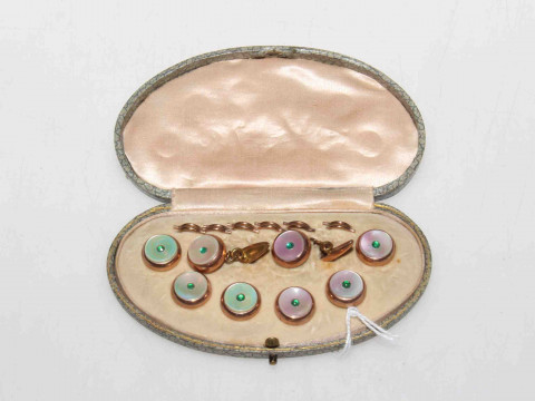 Mother of pearl and green stone cuff link and waistcoat button set