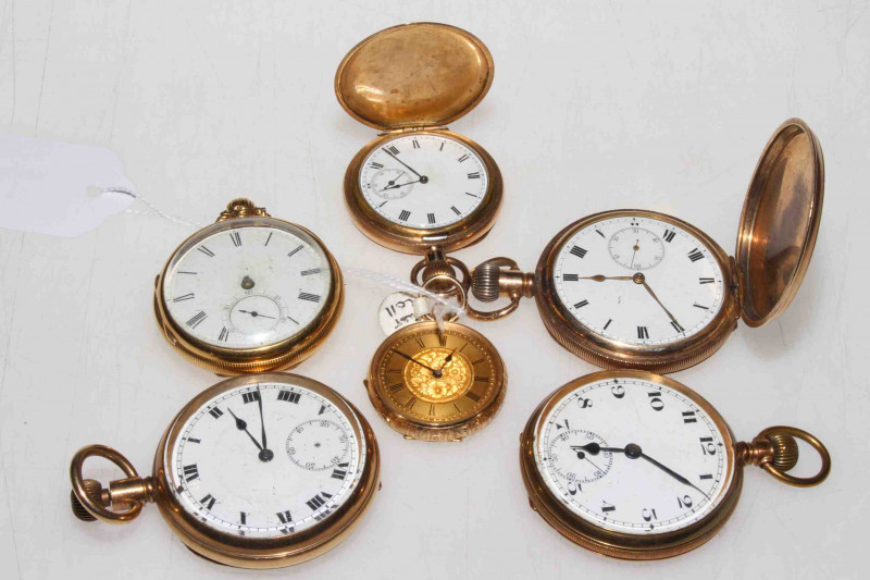 Two gold pocket watches and four gold-plated pocket watches (6)