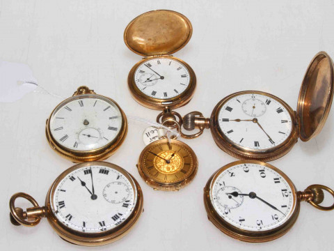 Two gold pocket watches and four gold-plated pocket watches (6)