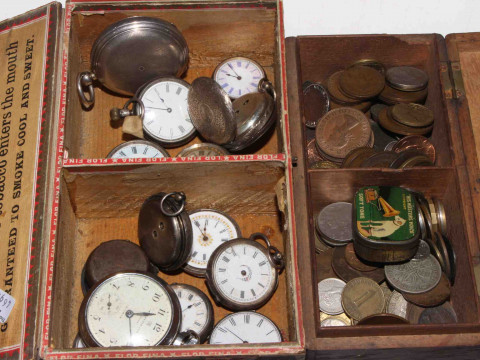 Box of pocket watches and a box of coins