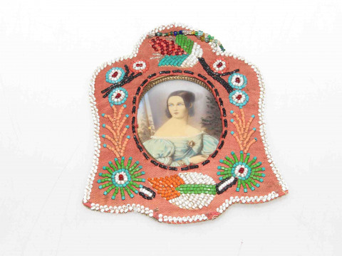 19th Century beadwork frame containing a portrait miniature