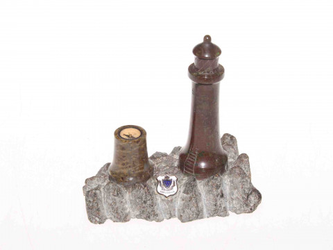 Novelty polished and carved stone compass - inset lighthouse model