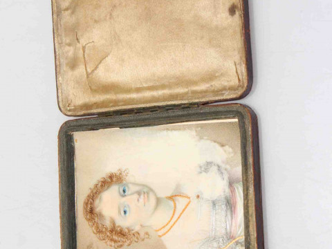 19th Century portrait miniature on ivory, inscribed to old label Harriet...
