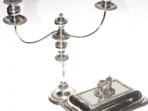 Silver-plated candelabra and entree dish (2)