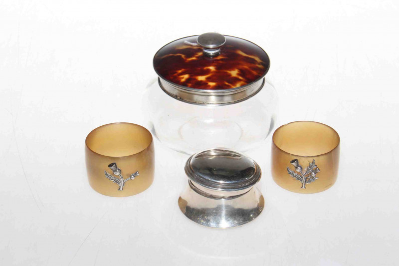Silver box, silver mounted jar and a pair of napkin rings applied with thistles (4)