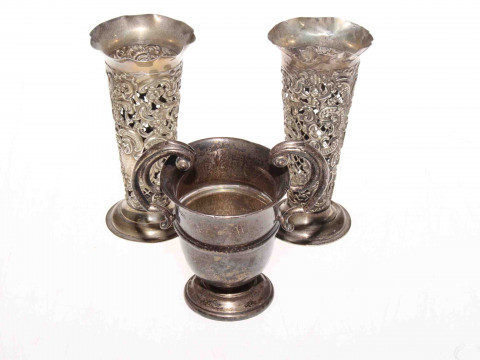 Pair of silver vases and a silver two-handled cup (3)