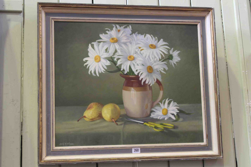 Erik W Gleave, Marguerites and Pears, oil on board, signed lower left, 49.5cm x 59cm, framed