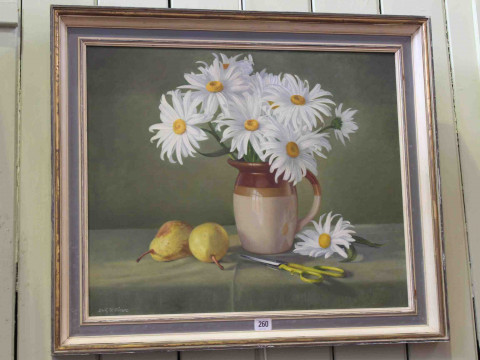 Erik W Gleave, Marguerites and Pears, oil on board, signed lower left,...