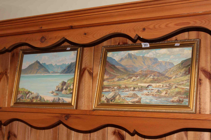William Russell, landscapes, pair oils on board, both signed, titled labels verso, in gilt frames