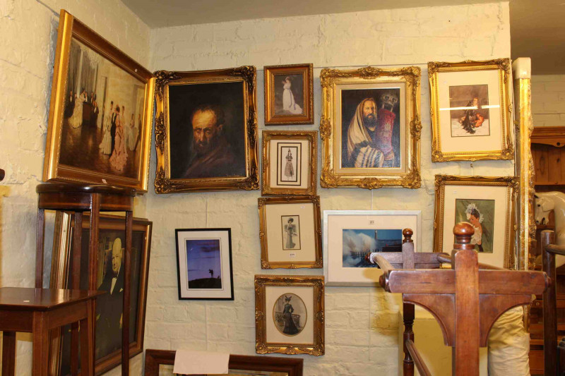 Large collection of pictures including portraits, fashion prints, needleworks, mirror etc.