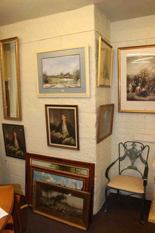 Large print 'The Birth Place of the Locomotive', watercolours, prints and two gilt mirrors