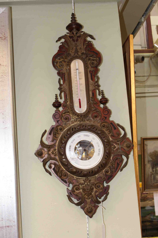 Victorian brass and carved wood holosteric barometer